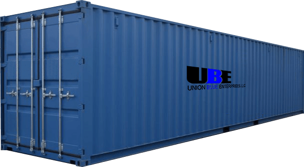 A blue Union Blue Enterprises steel shipping container